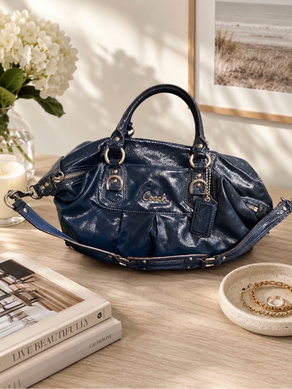 Coach Glossy Navy Patent Leather Shoulder Satchel F15455